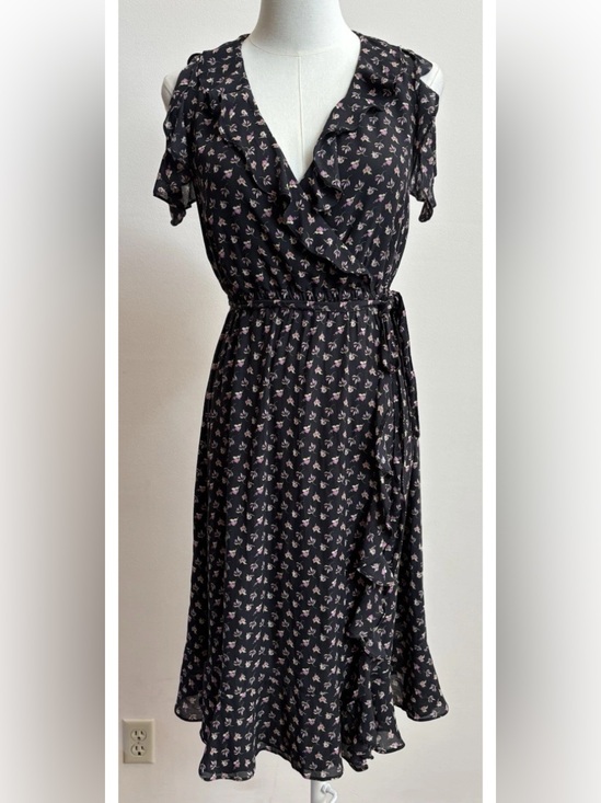 LOFT Dresses & Skirts - LOFT Petite Black Floral Wrap Midi Dress Autumn Wedding Guest Ruffle SP